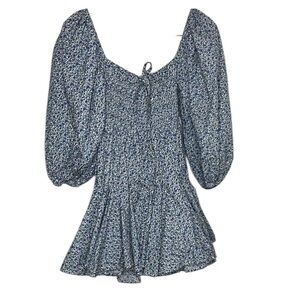 Mable Blue Floral Puffed Sleeve Ruffle Mini Dress Women Size S